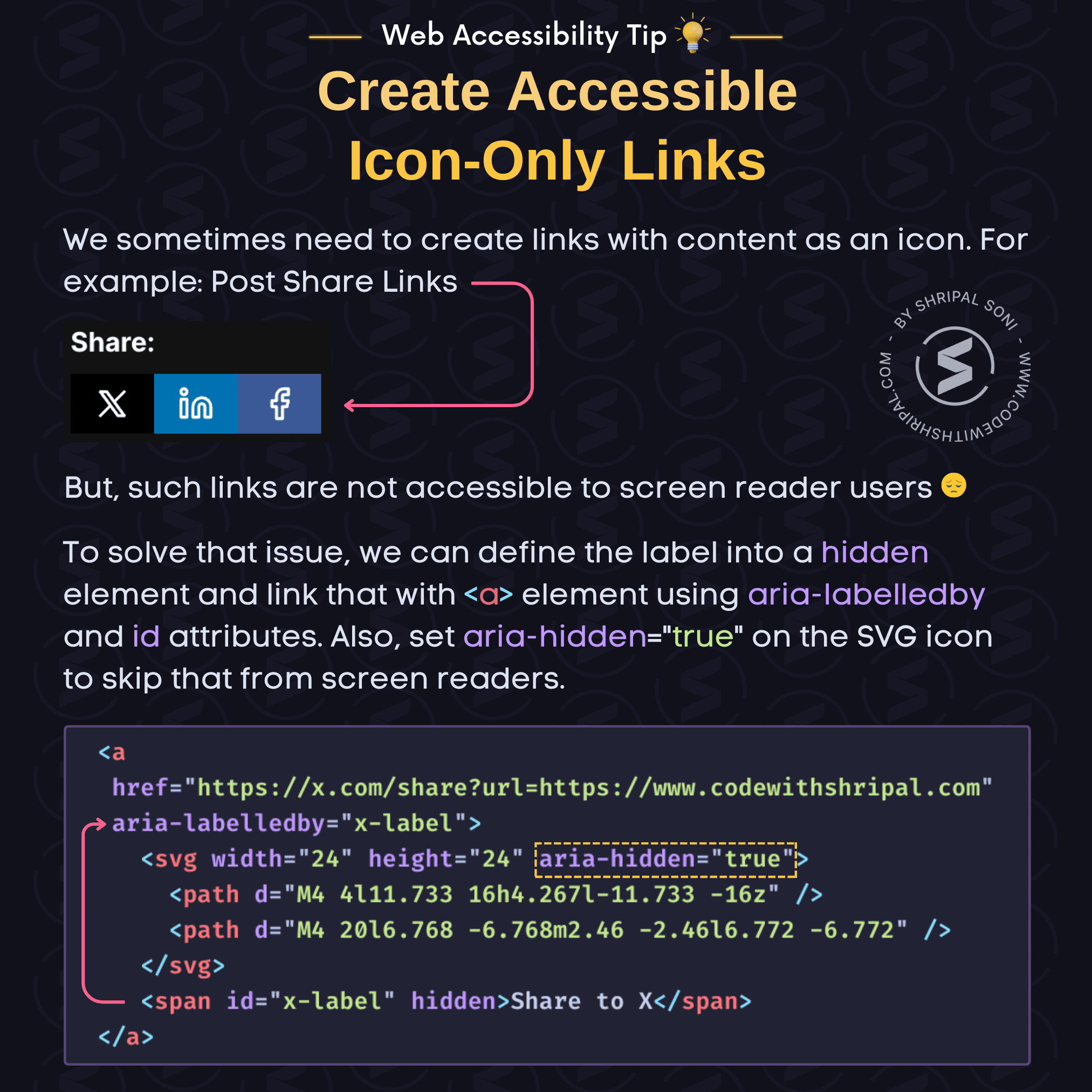 Web Accessibility Tip: Create accessible icon-only links. Tip Description: We sometimes need to create links with content as an icon. For example: Post Share Links  But, such links are not accessible to screen reader users 😔  To solve that issue, we can define the label into a hidden element and link that with <a> element using aria-labelledby and id attributes. Also, set aria-hidden="true" on the SVG icon to skip that from screen readers.  HTML Code: <a        href="https://x.com/share?url=https://www.codewithshripal.com"       aria-labelledby="x-label">         <svg width="24" height="24" aria-hidden="true">           <path d="M4 4l11.733 16h4.267l-11.733 -16z" />           <path d="M4 20l6.768 -6.768m2.46 -2.46l6.772 -6.772" />         </svg>         <span id="x-label" hidden>Share to X</span>      </a>