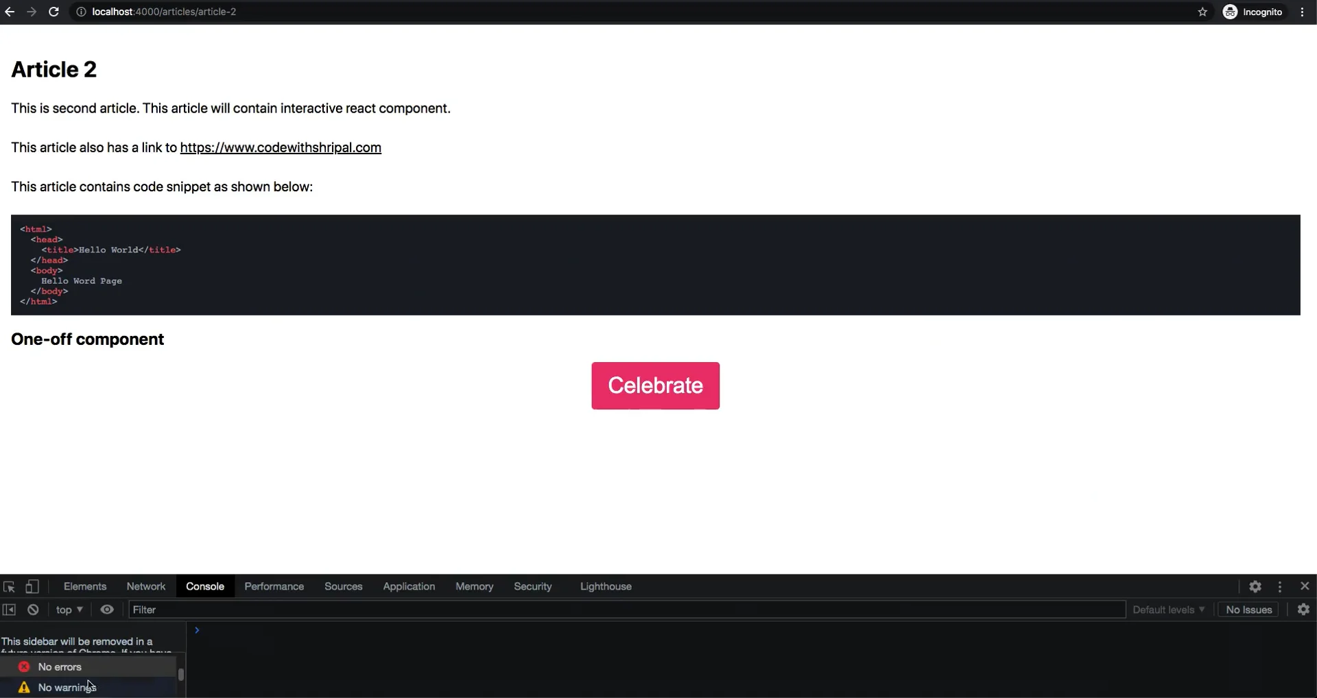 Demo of sample application after adding one-off Celebrate component in article-2 page