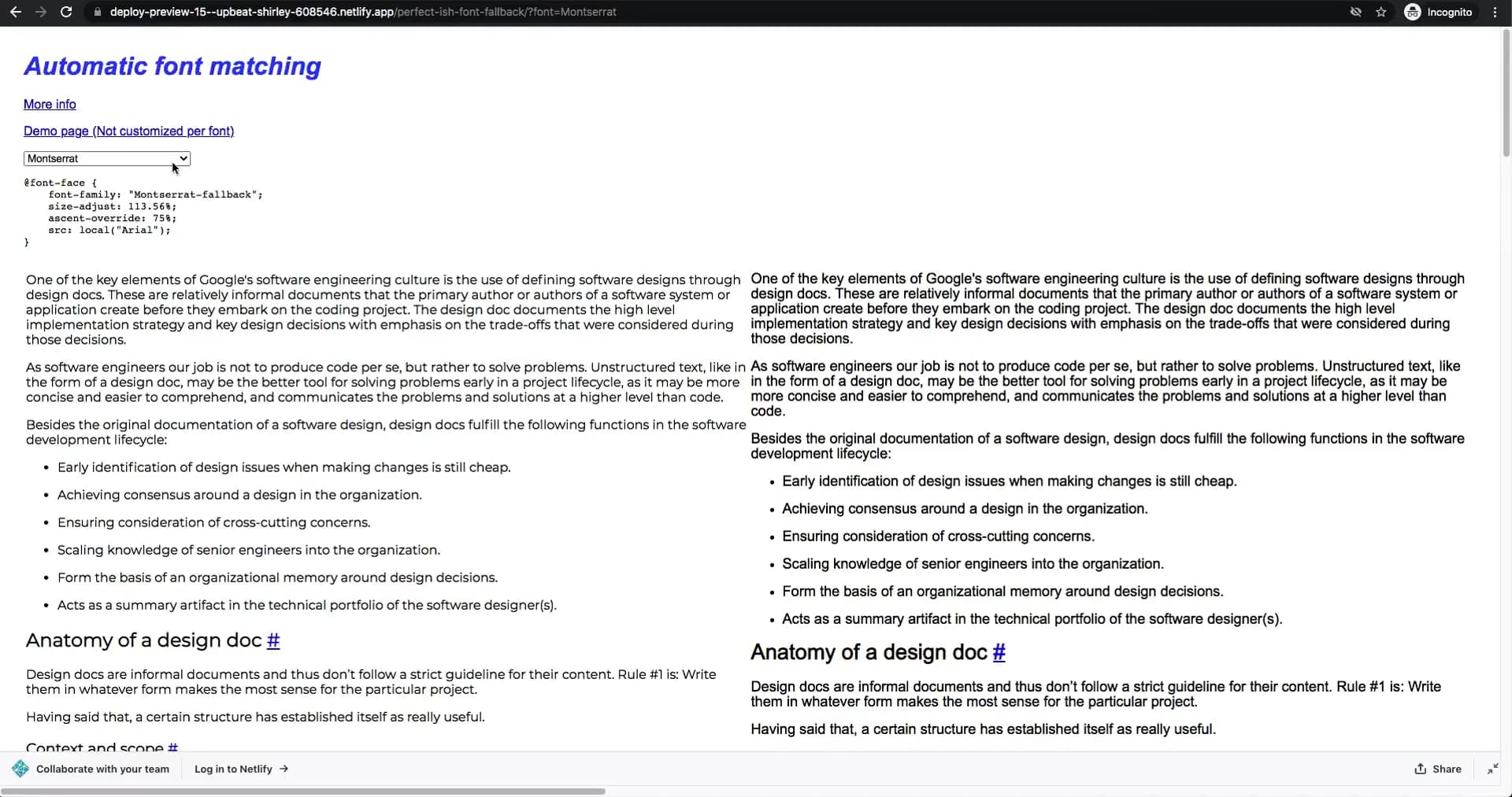 Video showing usage of a tool to automatically create font-face descriptor values