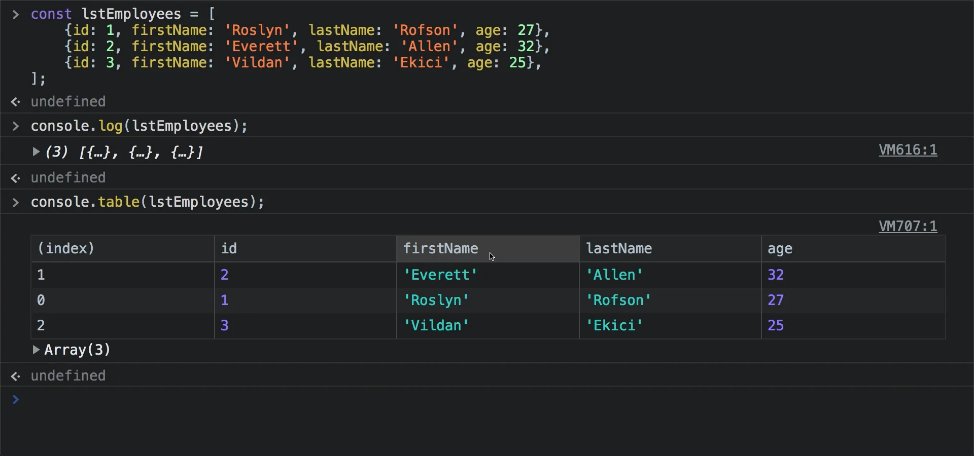 video showing how to use console.table and sort data by a property